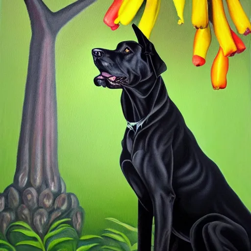 Prompt: oil painting of a black dog next to brugmansia suaveolens flowers, scary, realistic