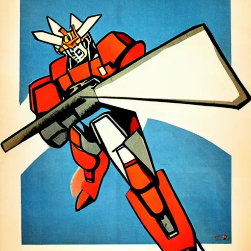 Image similar to detailed soviet propaganda poster of a gundam holding a pickaxe