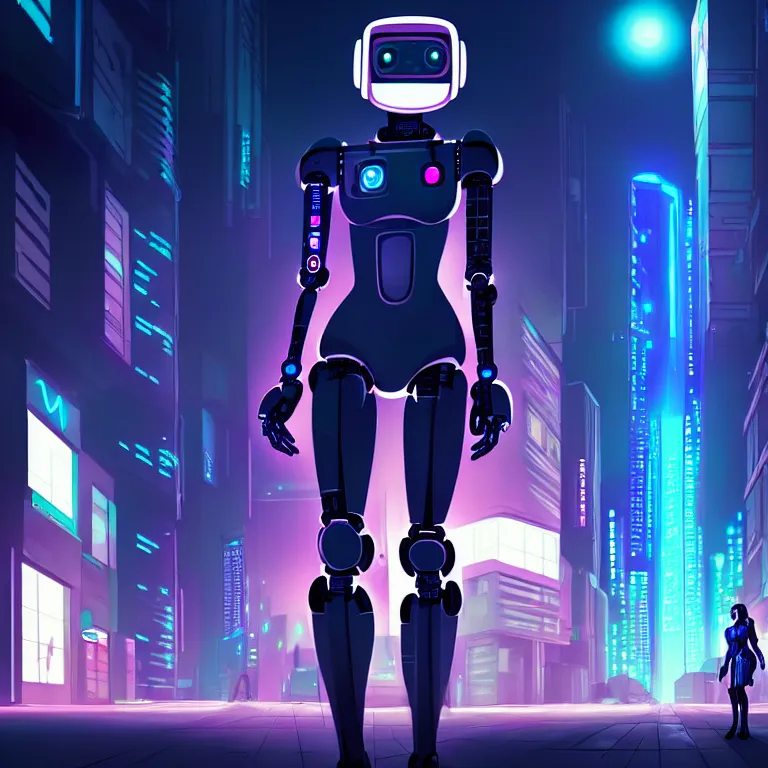 Image similar to a cyberpunk robot - girl stands in a cyberpunk street, at night, cinematic lighting, very detailed, style by tomino - sama