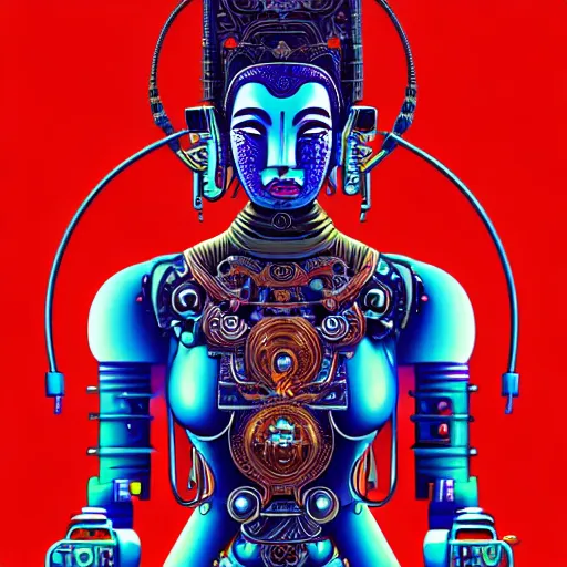 Prompt: vector line art cyberpunk cyborg Tibetan multi armed bodhisattva, golden ratio, sharp linework, clean strokes, sharp edges, flat colors, hyper realism, character design art by Joe Fenton, cell shaded by moebius, Jean Giraud, trending on artstation