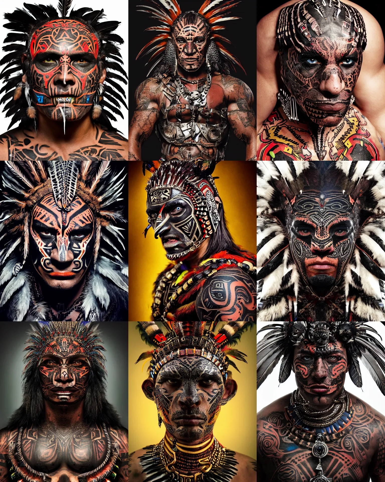 Prompt: editorial photo portrait of raging aztec jaguar warrior with glowing tribal futuristic tattoos on his face, warrior body, feathers and paint, photo by mario testino, cinematic, hyper detailed, micro details, insanely detailed, trending on artstation,dark background, dramatic lighting, cinematic angle, concept art, insanely detailed and intricate