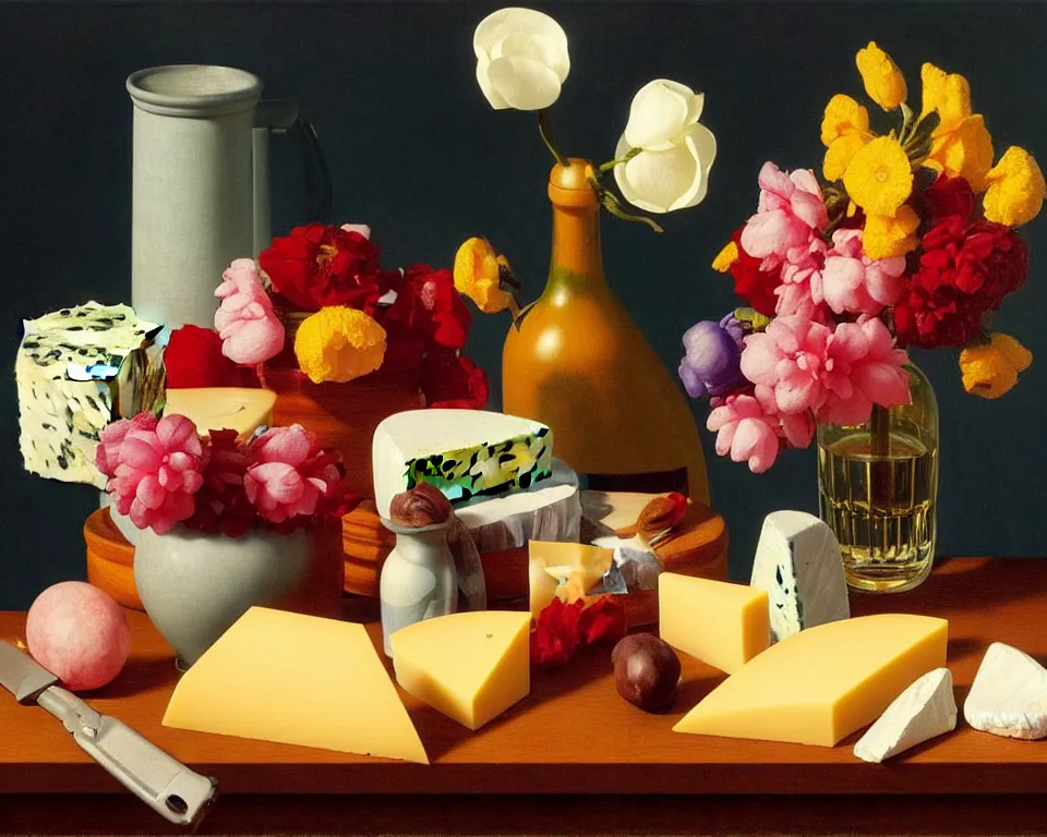 Prompt: an achingly beautiful still life featuring blooming flowers, cheese, red wine, and miniatures by Raphael, Hopper, and Rene Magritte. detailed, romantic, studio lighting, enchanting, trending on artstation.