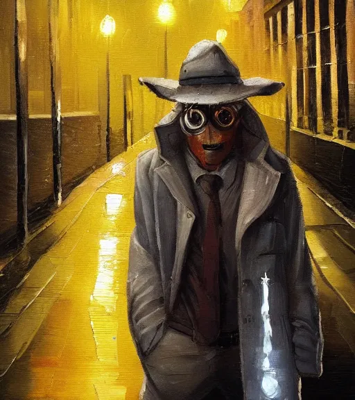 Prompt: wolf detective in a raincoat and a hat standing in a empty alley, smoking a cigarette, being illuminated by yellow street lights behind. oil painting. trending on artstation.