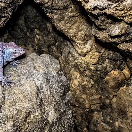 Image similar to photo inside a cavern of a scary wet lizard humanoid partially hidden behind a rock watching a tourist