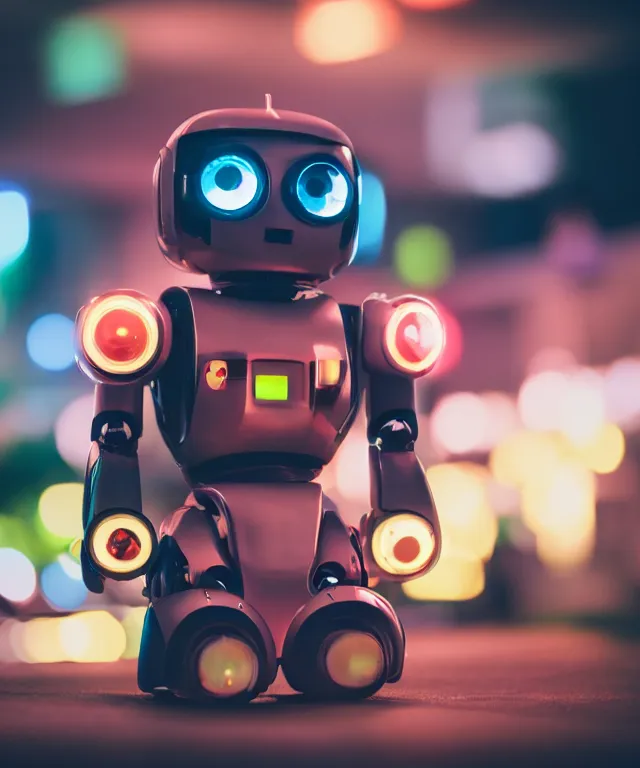 Image similar to high quality presentation photo of a retro toy robot with glowing eyes, photography 4k f1.8 anamorphic bokeh 4k Canon Nikon