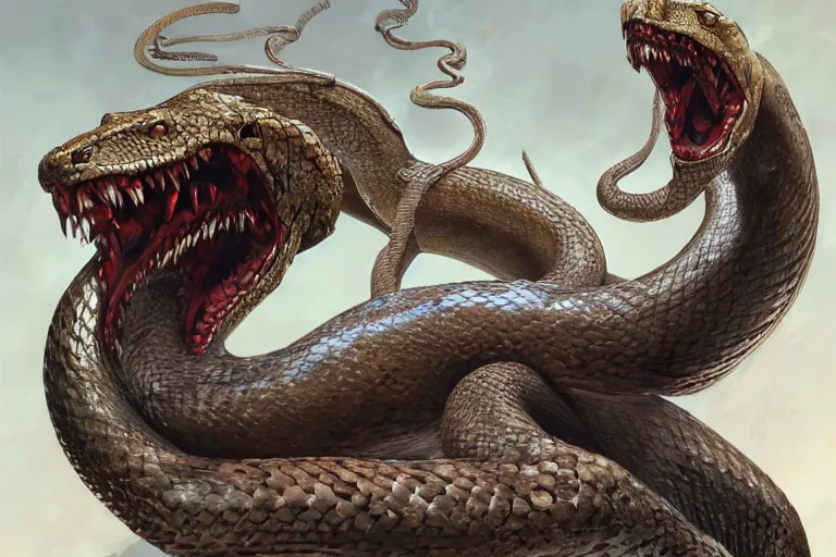 Prompt: LIVER HYDRA with splitting snake heads by artgerm and Craig Mullins, James Jean, Andrey Ryabovichev, Mark Simonetti and Peter Morbacher 16k