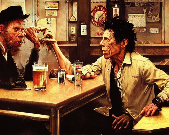 Image similar to Tom Waits and Iggy Pop talking in a pub, highly detailed, centered, digital painting, artstation, concept art, smooth, sharp focus, illustration, art by james gurney and norman rockwell and greg rutkowski