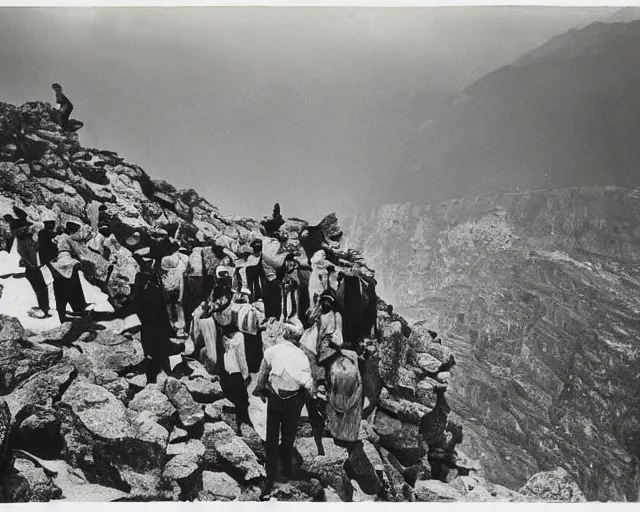 Prompt: a group of people standing on top of a mountain, a black and white photo by Sergio Larraín, featured on flickr, remodernism, movie still, criterion collection, 1920s