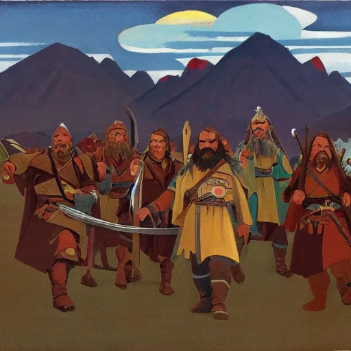 Prompt: slavic orcs in the steppe, orcs lord of the rings, orthodox, art by nicholas roerich, high resolution, trending on artstation,