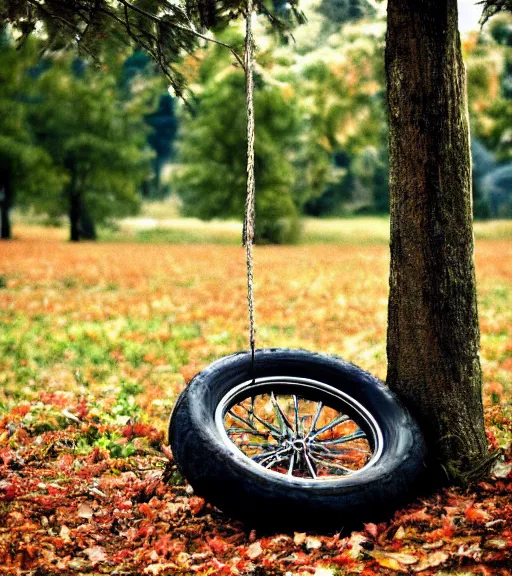 Image similar to sad tire hanging from a tree