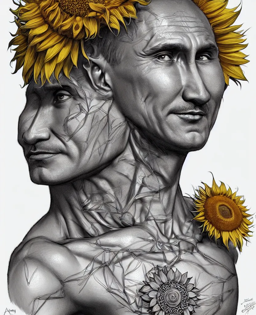 Image similar to digital art, centered full body of Putin smiling king, Sunflower crown, ,intricate, veins, by James Jean and by artgerm , by ross tran ultradetailed, charachter design, concept art, trending on artstation,