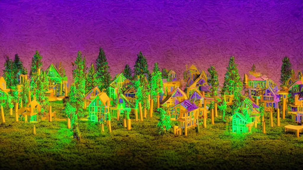 Image similar to portrait of an ethereal vaporwave wooden village made of golden lavender and green light, evergreen forest, divine, cyberspace, mysterious, high-contrast, 4k, award-winning photograph