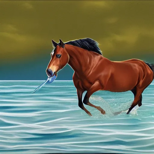 Image similar to horse swimming in the ocean with fork and knife, photorealistic, high detail