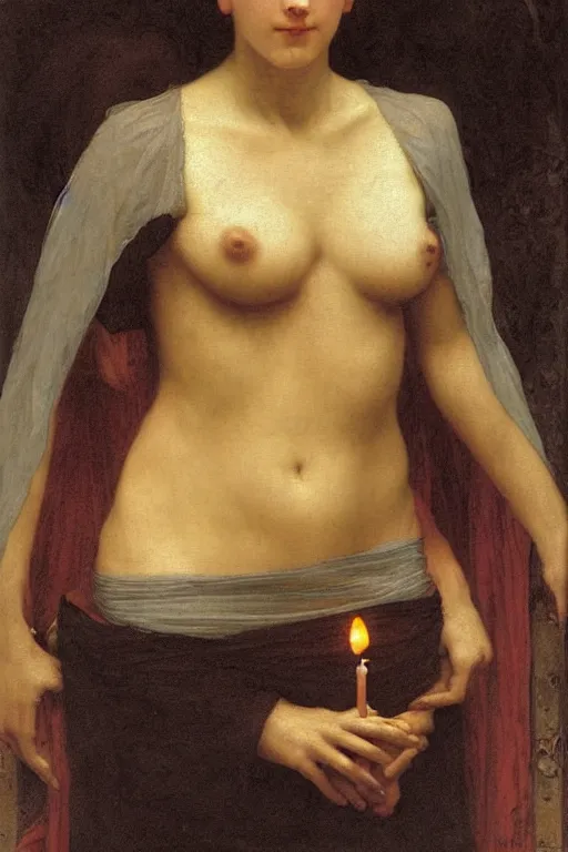 Image similar to a renaissance oil painting portrait by alma tadema of demonic vampire evil woman by full moon holding lit dark candles, candlelight, colourful pastel, detailed academic bouguereau, high shadow, strong contrast, medium shot, sharp focus