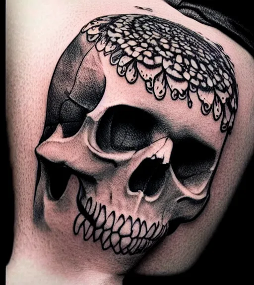 Image similar to a beautiful tattoo design with a creative skull, in the style of den yakovlev, hyper realistic, black and white, realism, highly detailed