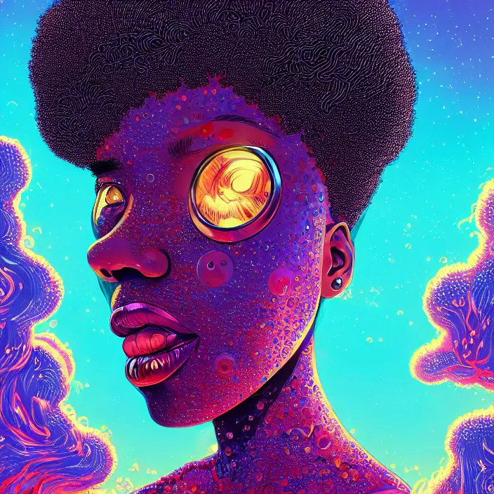 Image similar to ultra detailed illustration of a angry afro american girl covered in a sea of liquid chrome, metal material, lost in a dreamy orental realm by Victo Ngai, Andrew Thomas Huang, Ohrai Noriyoshi,, colorful, front view, synthwave, 8k, coherent, artgerm, uplifting, magical composition, artstation