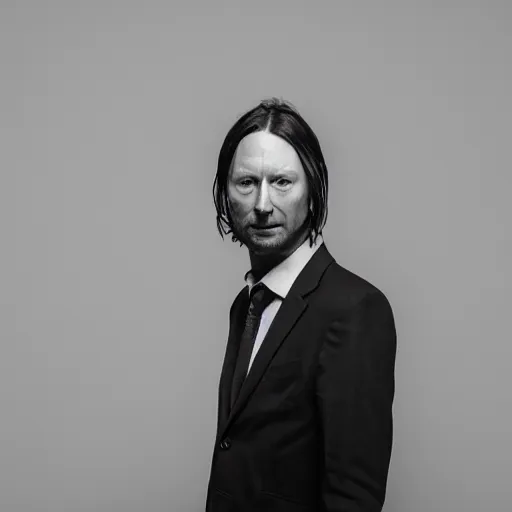 Image similar to a black and white photo of radiohead in a suit, a portrait by John E. Berninger, behance, private press, ultrafine detail, chiaroscuro, studio portrait