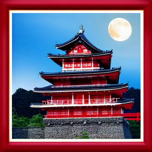 Image similar to beautiful japanese castle in the color red, dark sky with full moon, hyper detailed, highly detailed, photo realistic