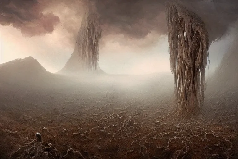 Prompt: amazing concept painting, by Jessica Rossier and HR giger and Beksinski, prophecy, hallucination, the middle of a valley; it was full of bones, bones that were very dry, there was a noise, a rattling sound, and the bones came together, bone to bone , I looked, and tendons and flesh appeared on them and skin covered them, but there was no breath in them and breath entered them, they came to life and stood up on their feet a vast army