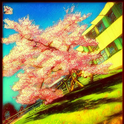 Image similar to cherry tree blossom, windy, impressionist, golden hour, masamune shirow
