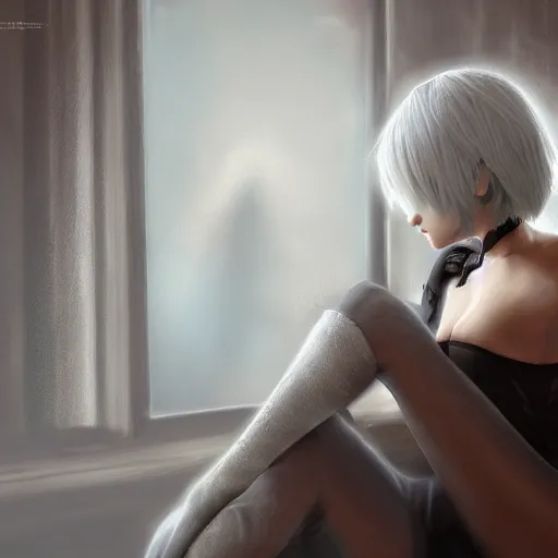 Prompt: 2B Nier relaxing, cinematic lighting, detailed oil painting, hyperrealistic, 8k