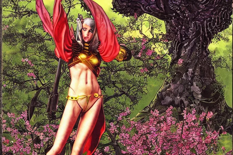 Prompt: 1979 OMNI Magazine Cover of a female Druidic elf with armor by a cherry tree in a Neo-Tokyo garden in cyberpunk style by Vincent Di Fate