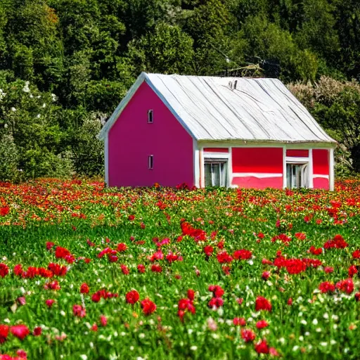 Image similar to strawberry - shaped house in a field full of flowers