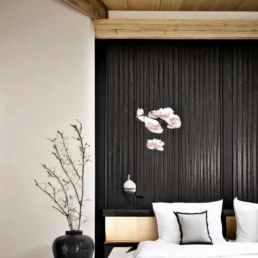 Image similar to bedroom, stone, interior design, stylish luxury hotel bedroom design, yakisugi, black vertical slatted timber, textures, feminine, black walls, art, Japanese pottery vase with flowers, kakejiku, seasonal, Japanese influences