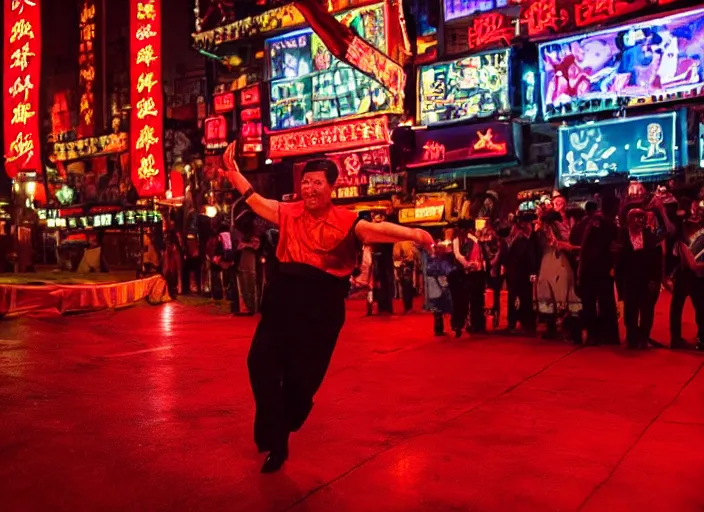 Prompt: xi jinping dancing, heroic shot, post apocalyptic, medieval times, cyber - punk, 7 0 s, wide shot, at night, neon lights