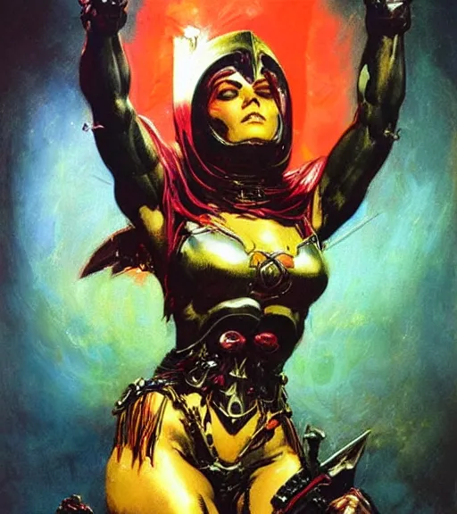 Image similar to portrait of strong iranian female chaos angel, beautiful! coherent! by frank frazetta, by brom, strong line, vivid neon color, shining metal power armor, iron helm, high contrast, maximalist