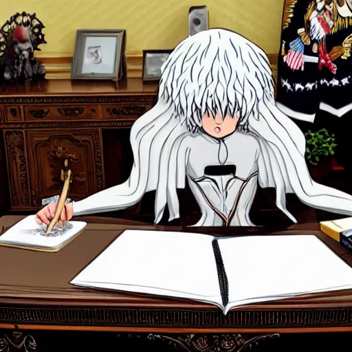 Image similar to a person cosplaying griffith from berserk manga by kentaro miura sitting at his white house oval office desk