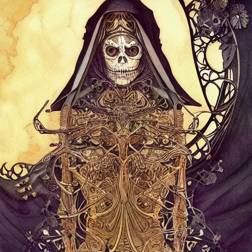 Image similar to a skeleton in a black cloak, highly detailed, very intricate, art nouveau, gold filigree, left right symmetry, tarot concept art watercolor illustration by mandy jurgens and alphonse mucha and alena aenami, featured on artstation