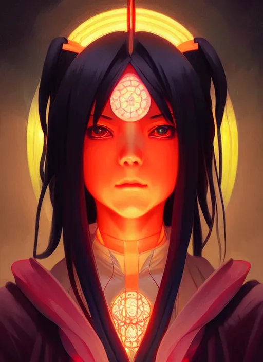 Image similar to symmetry!! itachi, glowing lights!! intricate, elegant, highly detailed, digital painting, artstation, concept art, smooth, sharp focus, illustration, art by artgerm and greg rutkowski and alphonse mucha