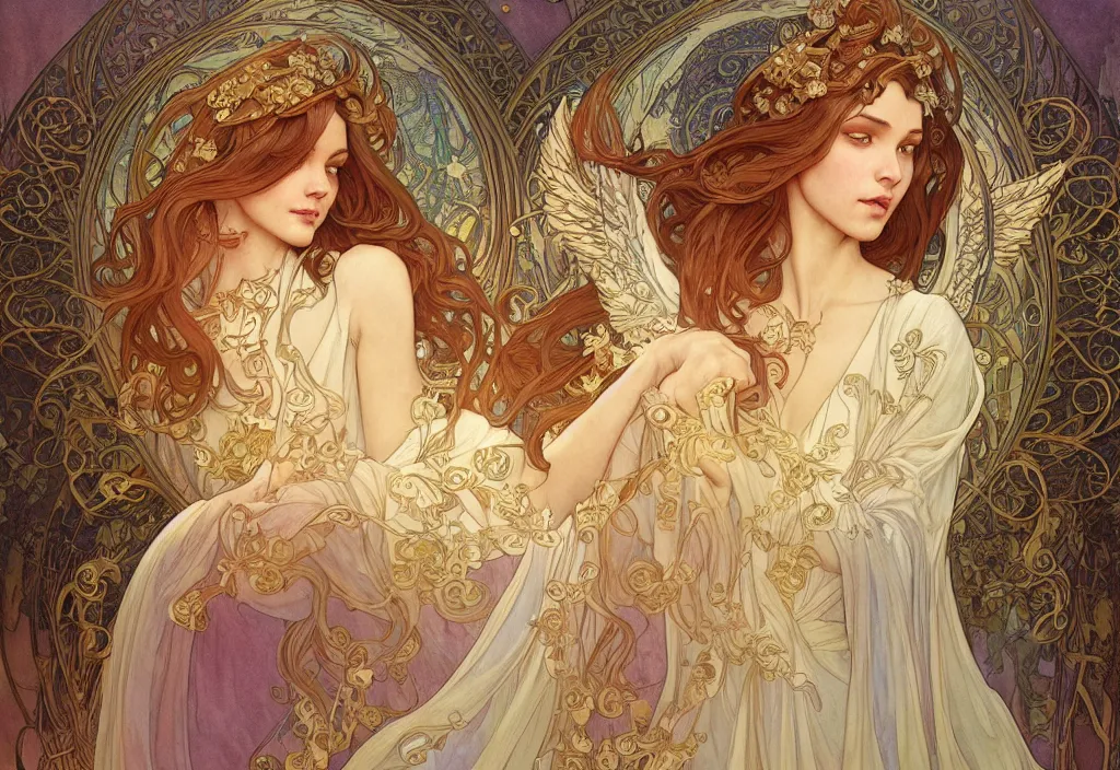 Image similar to an angel, highly detailed, very intricate, art nouveau, gold filigree, romantic storybook fantasy, soft cinematic lighting, award - winning, disney concept art watercolor illustration by mandy jurgens and alphonse mucha and alena aenami, pastel color palette, featured on artstation