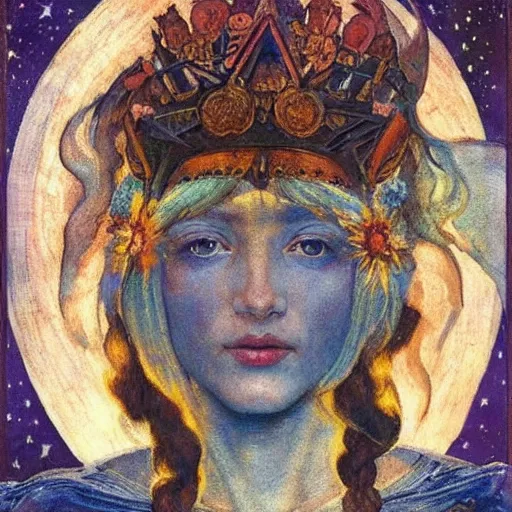 Image similar to queen of the moon with stars in her hair, by annie swynnerton and tino rodriguez and nicholas roerich and lucien freud and jean delville, dramatic lighting, floral tattoos, rich colors, smooth sharp focus, extremely detailed, adolf wolfli