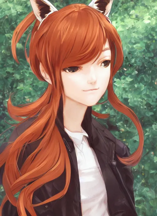 Image similar to portrait painting by shigenori soejima, girl, fox ears, focus on face, forest background, pretty, cinematic lighting, painterly, long wavy orange hair, light brown trenchcoat