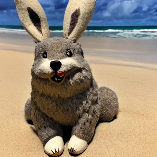Image similar to a photorealistic adorable zany alluring chubby charming but vicious fennic fox wolf rabbit hybrid, with long floppy rabbit ears, wearing a bow on the top of its head, grinning at the camera with a mischievous look, sharp teeth, happy lighting, at a tropical beach