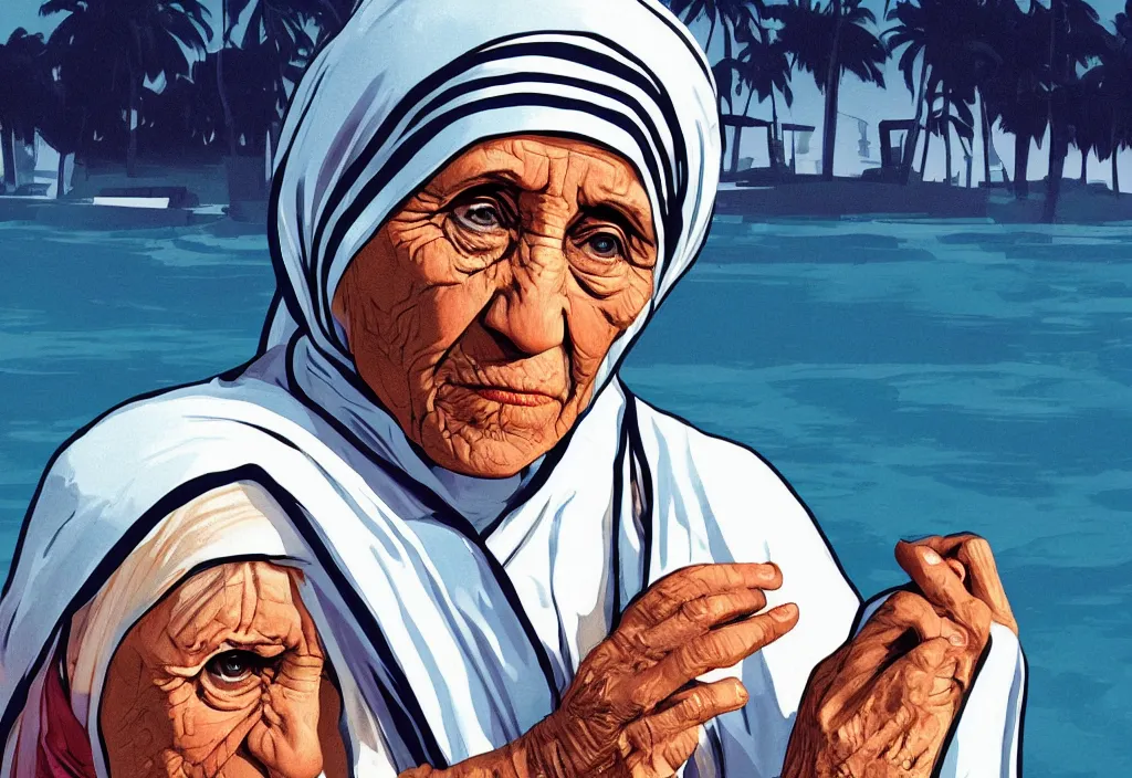 Image similar to mother teresa in grand theft auto loading screen, gta art style, illustration, beach, miami, vice city