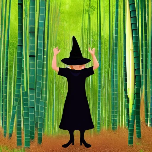 Image similar to a witch has turned her head into bamboo, standing in front of a mirror laughing