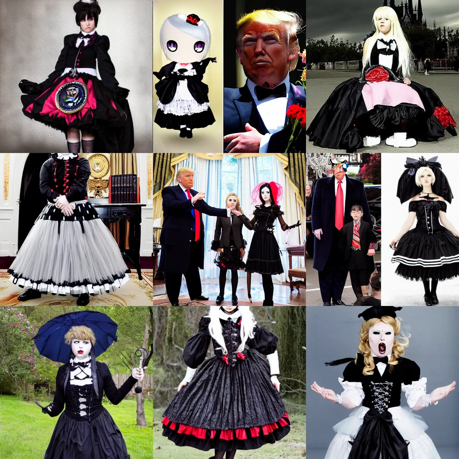 Prompt: donald trump wearing gothic lolita dress, photo