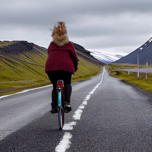 Prompt: A woman in warm clothes traveling by bicycle on the roads of Iceland. The bicycle has saddlebags.