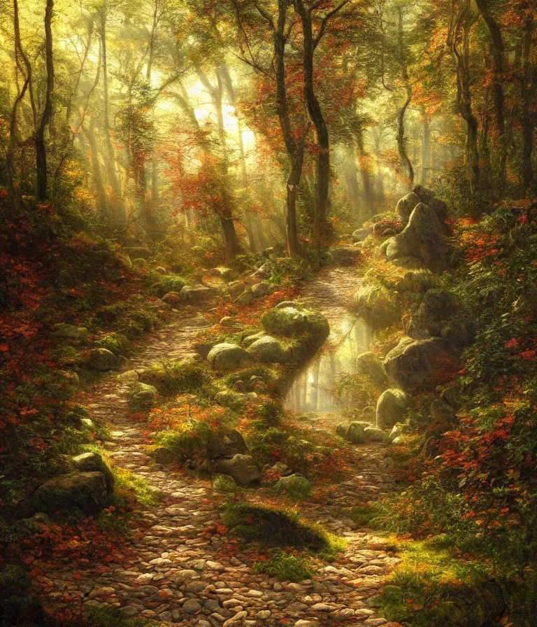 Prompt: a beautiful hyperrealistic detailed painting of a stone path leading up and through a magical forest, by federic edwin church, by fitz henry lane, gigantic, 3 d, brilliantly coloured, intricate, ultra wide angle, trending on artstation, whispy, sun beams, light, morning, volumetric lighting, polished, micro details