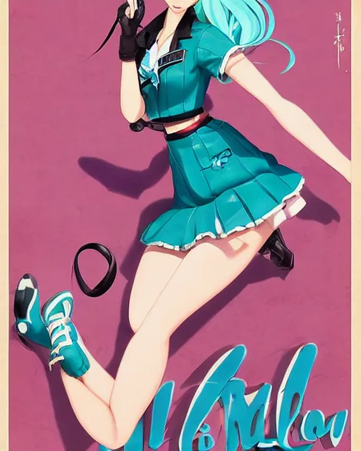 Image similar to Hatsune Miku full body pin up modeling in idol unioform, with a park in the back ground, post war style, detailed face, american postcard art style, by Gil Elvgren and krenz cushart