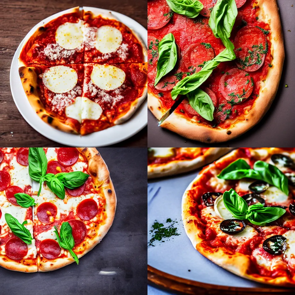 Prompt: A delicious plate of margherita pizza, Michelin Star, food photography