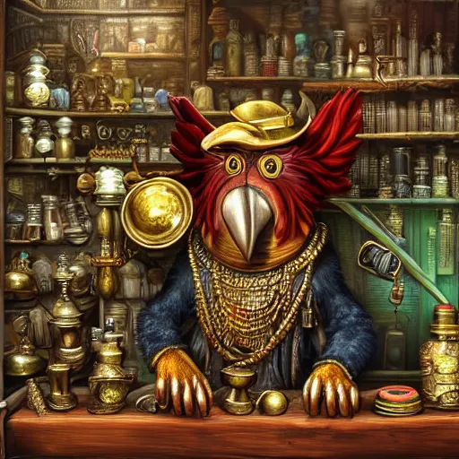 Prompt: Anthropomorphized parrot trader in his shop, selling his wares, portrait, items, gold, magic potions, carpet, window, fancy hat, sly expression , cunning expression, cute expression, long thick shiny gold beak, presenting wares, holding an item, D&D, fantasy, cinematic lighting, highly detailed, digital painting, artstation, concept art, smooth, sharp focus, illustration, warm light, cozy warm tint, magic the gathering artwork, volumetric lighting, 8k, art by Akihiko Yoshida, Greg Rutkowski