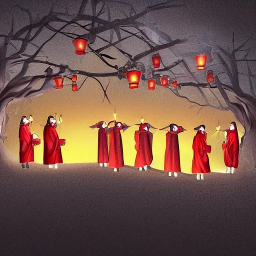 Image similar to A group of Spanish inquisitors holding lanterns on a sandy beach Cove in middle of a magical forest in night, detailed digital art