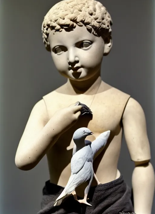 Image similar to realistic photo of a a boy with a pigeons, ancient greek sculpture realistic doll made of white detailed clay and black wooden brushwood, 1 9 6 0, life magazine photo, natural colors, metropolitan museum, kodak