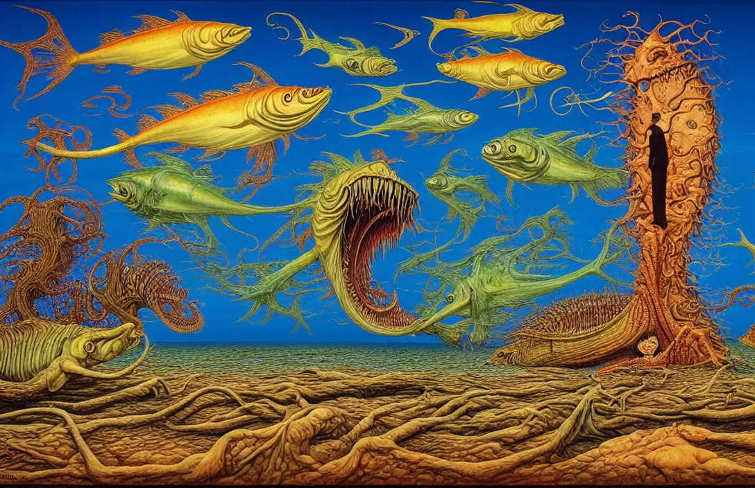 Prompt: a visionary painting of fish eating human beings by junji ito, michael whelan, roger dean, bob eggleton, lisa frank, vladimir kush, kubrick, james gurney, giger