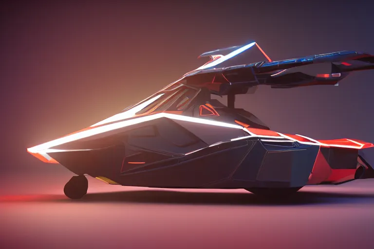 Prompt: full shot of a box - shaped sci - fi flying vehicle made from dark glass and plastic surfaces with neon kanji decals in the style of bladerunner 2 0 4 9, peugeot prestige, side lights, studio lighting, octane render, light background