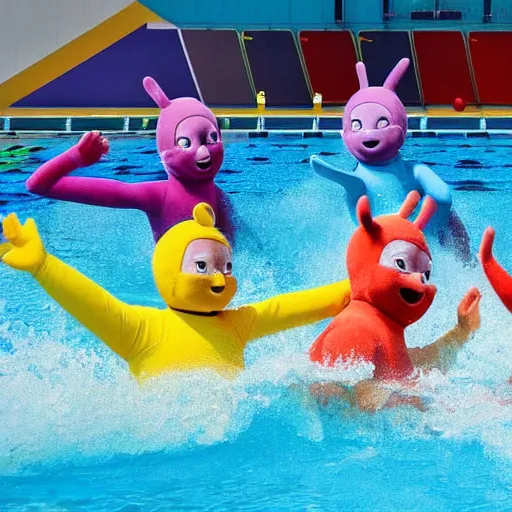 Prompt: a photo of 5 teletubbies playing water polo